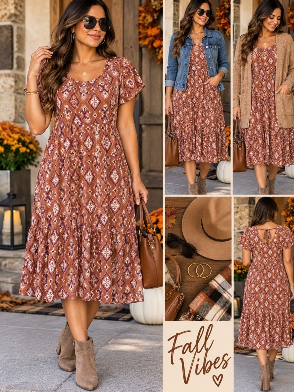 Knox Rose Rust Aztec-Print Midi Dress